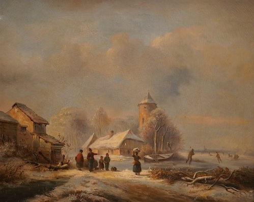 19th century Dutch School, oil on canvas, Skaters in a winter landscape, unsigned, 35 x 44cm, ornately framed. Condition - fair, craquelure throughout